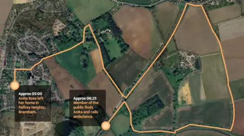 Suffolk Police The map detailing Anita Rose's walk in Brantham before she was attacked