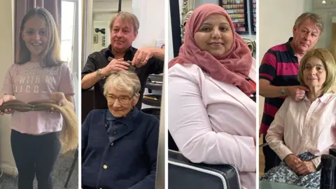 BBC A composite photo of some of the people interviewed in this feature. Mae holds up her clipped hair, Andrew cuts Gillian's hair, Shaista sits in a hairdresser's chair,  and Andrew fits Wendy's wig.