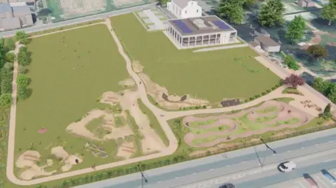 Government of Jersey An artist's impression of plans for a park in Jersey. The picture includes a new cycling pump track, an amphitheatre and sand dunes. A church building is in the top right-hand corner of the picture.