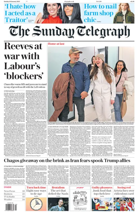 The headline in the Sunday Telegraph reads: "Reeves at war with Labour's 'blockers'". 