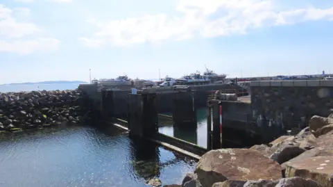 The QEII Marina's gates. Water is low and there is rock armour in the foreground and some boats in the distance.
