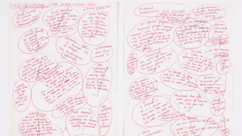 PA Media A double-page spread of notes written in red pen. They are grouped and circled. Some of them have a black cross over them while others have a black tick.