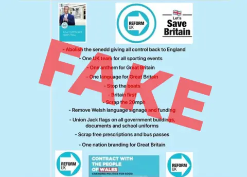 A screengrab of a light blue social media post with Reform UK logo and branding and a list of promises as follows: Abolish the Senedd giving all control back to England; One UK team for all sporting events; One anthem for Great Britain; Stop the boats; Briatin first; Scrap the 20mph; Remove Welsh language signage and funding; Union Jack flags on all government buildings, documents and school uniforms; Scrap free prescriptions and bus passes; One nation branding for Great Britain". The word FAKE is written in red letters right across the centre of the picture.