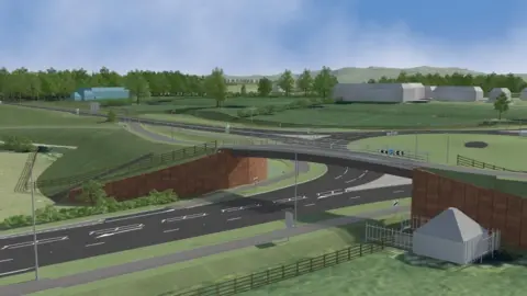 An artist's impression of the road which has a bridge over the top of the dual carriageway, which feeds into a large roundabout behind it. There are grass verges and fields on either side and large warehouse buildings in the distance.