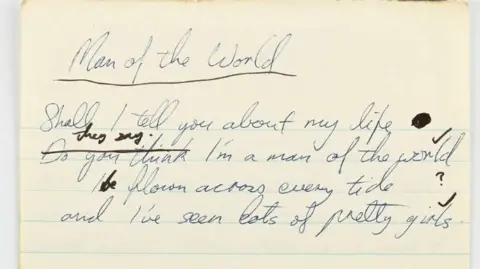 A close up image of a yellowed piece of lined paper with scrawled blue writing upon it which reads: "Man of the world." 