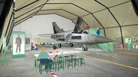 The Royal Air Force Museum Midlands Artists impression of a new space at RAF Cosford, with two people on a table and chairs and people looking into a grey plan stationed on the floor