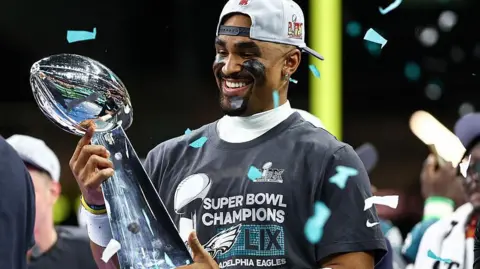 Jalen Hurts with with the Vince Lombardi Trophy after the Philadelphia Eagles beat the Kansas City Chiefs in the 2025 Super Bowl