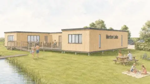 JCE/CDC Another artist's impression. People are picnicking on the grass and chatting at wooden tables. People are sat on decking and are in swimwear.