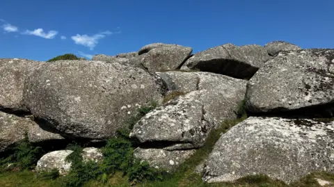 A picture of a group of large, weathered rocks at Helman Tor in Cornwall. It was taken on a clear day. They are surrounded by patches of grass and low greenery.