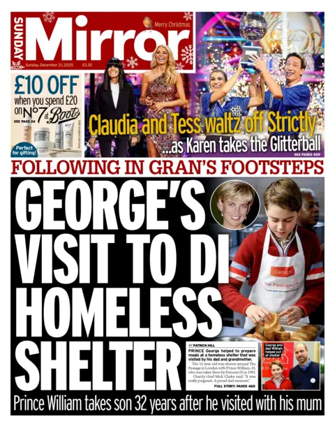 "George's visit to Di homeless shelter" reads the headline on the front of the Sunday Mirror.
