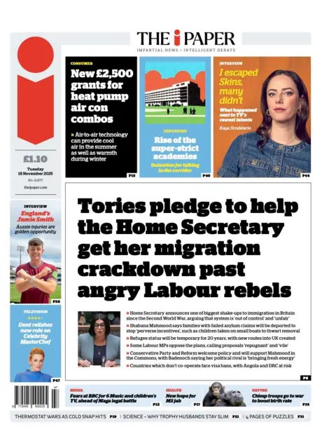 “Tories pledge to help the Home Secretary get her migration crackdown past angry Labour rebels”.