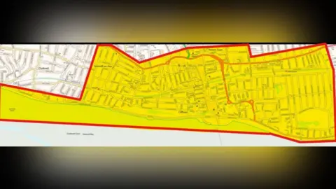 Essex Police A map of Southend-on-Sea showing a large area marked in yellow with a red border. It covers the centre of the city and a large part of the seafront between 