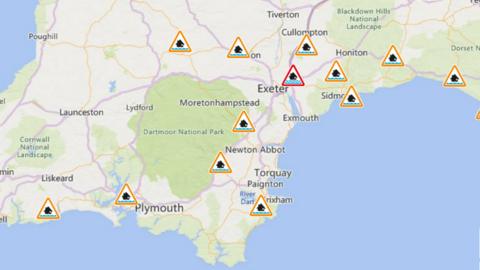 Map of flood warnings across Devon