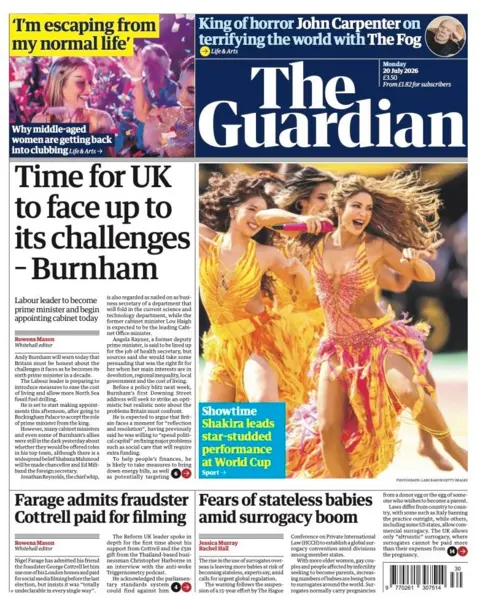 The headline on the front page of the Guardian reads: “Time for UK to face up to its challenges - Burnham”.