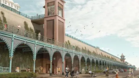 A graphic image of the restored Madeira Terrace. It shows a brown lift which goes from the ground up the cliff. It also has blue railings and a cliff wall with lots of plants on 