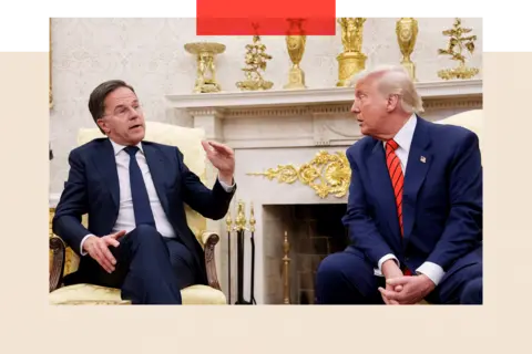 Getty Images NATO Secretary General Mark Rutte speaks during a meeting with U.S. President Donald Trump in the Oval Office 
