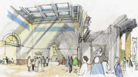 An artists impression of the inside of the court, showing people milling around in a large room with blue roof panels