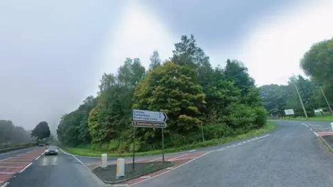 The Blenkinsopp Castle junction on the A69, close to where the fatal crash occurred. The A69 ploughs a straight course into the distance and has light traffic on it. Cars have their lights on as it is an overcast day and there is evidence of light rain. A road leads off to the right. It travels uphill then has a steep curve to the left which takes it behind a thick crop of mature trees. A white and black road sign points the way (with distances) to - from top to bottom - Lambley, Featherstone and Blenkinsopp Castle. Below that is a brown sign pointing to Blenkinsopp Castle Inn.