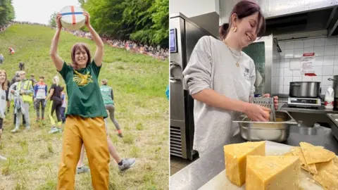Image of a woman in a green charity shirt and yellow trouser holding up a large round cheese with people watching at the side of a very steep hill.  The second image is of a woman in a commercial kitchen grating cheese into a metal bowl