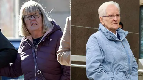 Spindrift A composite photo of two women outside court. The woman on the left has glasses, a purple puffer jacket and shoulder length blonde hair. The woman on the right has short white hair, a light blue coat and glasses.