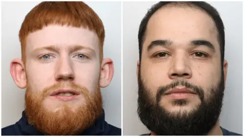 Wiltshire Police Two mugshots side by side of two men. One has red hair and a medium-length ginger beard. The other has dark hair and a medium-length beard. Both are looking directly at the camera.