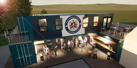 CGI drone shot of Stalybridge Celtic fans enjoying a drink at one of the two bars in a proposed new fan zone standing under the club crest.