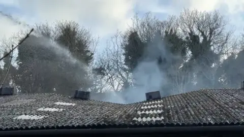 A caved in corrugated roof with a jet stream of water coming down from the left and smoke coming up from the right. There are tree in the background.