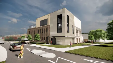 A mock-up of what the new centre will look like. It has a silver sign saying "Peterborough community diagnostic centre".