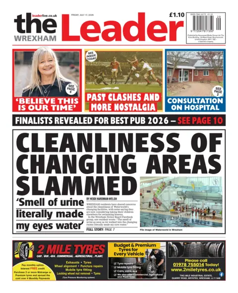 Wrexham Leader Front page of the Wrexham Leader. The headline reads 'cleanliness of changing areas slammed', alongside a picture of the swimming pool.