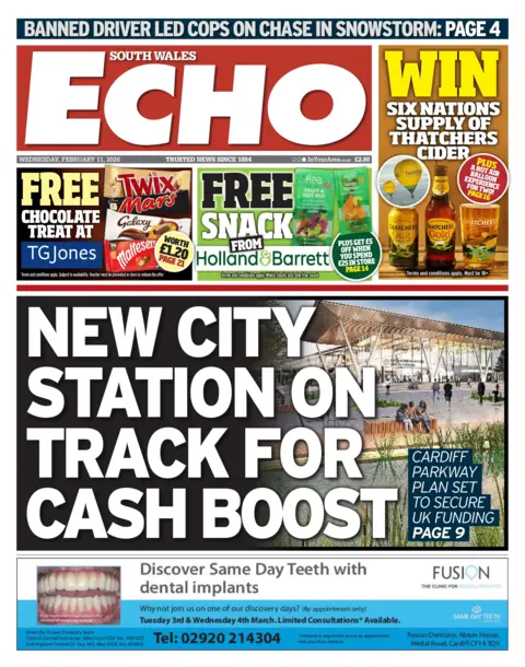 South Wales Echo Front page of South Wales Echo shows main headline "New city station on track for cash boost" next to an image of the proposed architectural design for Cardiff Parkway railway station. Another headlines read: "Banned driver led cops on chase in snowstorm". 