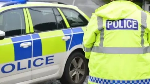 a police officer in a high viz jacket, stands with his back to the camera and in front of a police car