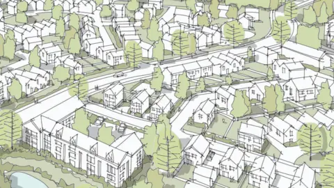 A hand-drawn-style illustration showing multiple white properties surrounded by greenery.