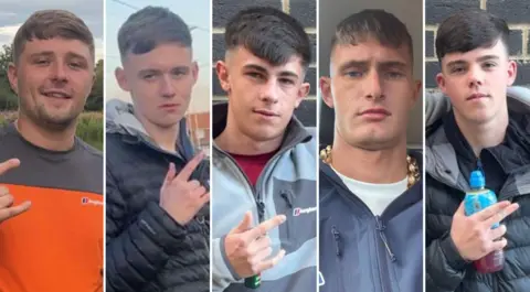 Social media Five young men in their late teens and early 20s. They all have similar haircuts, with a fringe and faded back and sides. Four of them are gesturing with their fingers. Three of them extend their thumb, index, and pinky fingers - leaving their middle and ring finger tucked down. One points with his index and middle finger whilst holding a Lucozade bottle. They are all dressed in casual clothing.