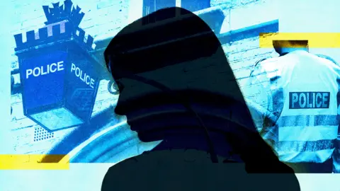 BBC A composite image showing a woman's profile in silhouette with a backdrop in blue showing a police lantern outside a station and the back of an officer wearing a high-vis jacket.