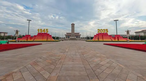 Getty Images Tiananmen Square is decorated before the upcoming grand gathering on August 29, 2025 in Beijing, China.