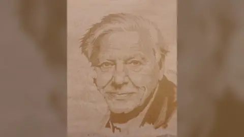 Sand art depiction of Sir David Attenborough, taken from above. His face is raked into the sand as he smiles to camera.