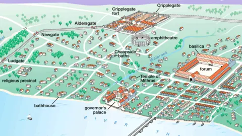 Encyclopaedia Britannica, Inc., 2004 Sebuah peta yang menunjukkan Londinium pada masa Romawi. Ada sebuah benteng, forum, tembok, kuil, dan Sungai Thames dengan jembatan yang melintasinya