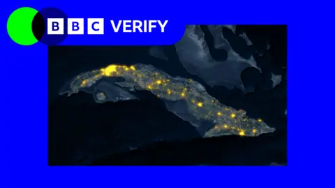 A graphical composite image showing a satellite image over Cuba next to the BBC Verify logo.
