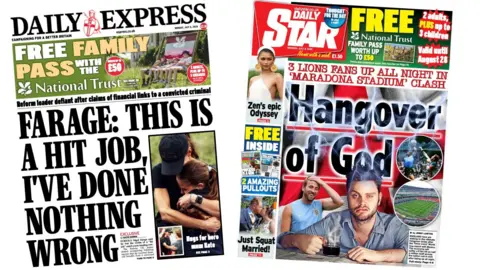 A composite of the front pages of the Daily Express and the Sun on 6 July 2026.