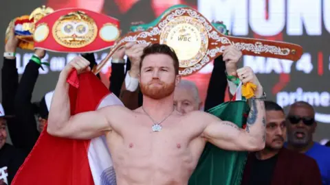 Saul 'Canelo' Alvarez poses during a ceremonial weigh-in in May 2024