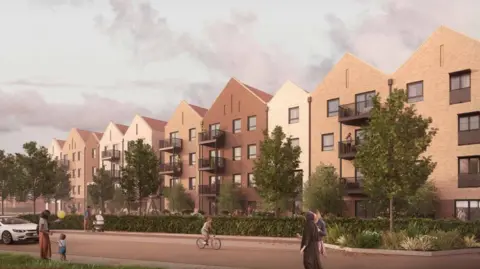 An artist's impression of four storey apartment blocks in phase three Weyside Urban Village development.