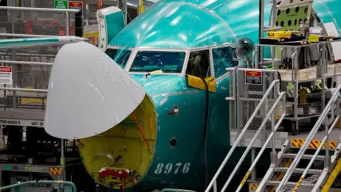 Getty Images A Boeing 737 MAX aircraft is assembled at the Boeing Renton Factory in Renton, Washington, on June 25, 2024. 