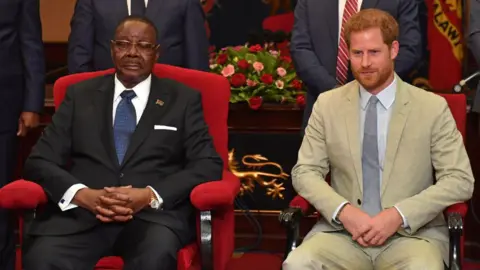WireImage via Getty Images Peter Mutharika, wearing a black suit, sits next Prince Harry, who wears a beige suit. They are both seated in red chairs and figures stand behind them.