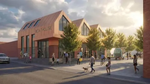 Wyre Forest District Council An artist's impression showing a large new building with the word 'boathouse' on it, as well as a food trick, and several pedestrians or cyclists.