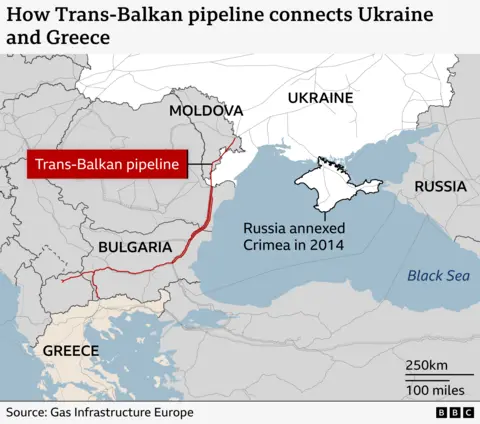 A map shows the route of a pipeline across the Balkans.