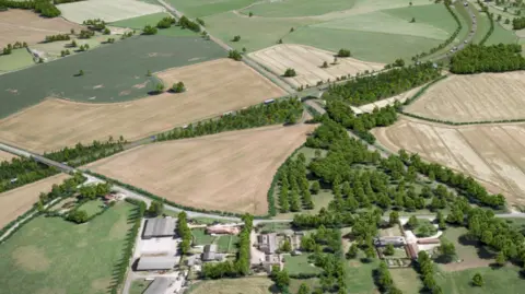 An aerial view of green field in Hereford where part of the route would go.