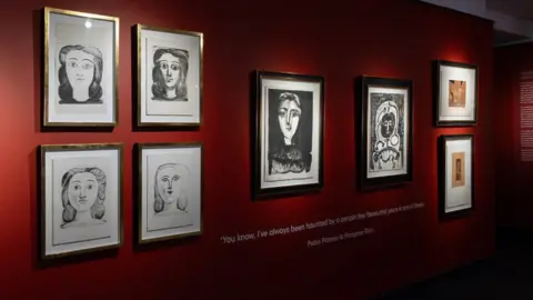 Castle Fine Art Portraits on paper by Pablo Picasso, displayed on a deep red wall. Underneath the works reads a quote by Picasso spoken to Françoise Gaime Gilot: "You know, I've always been haunted by a certain few faces and yours is one of them."