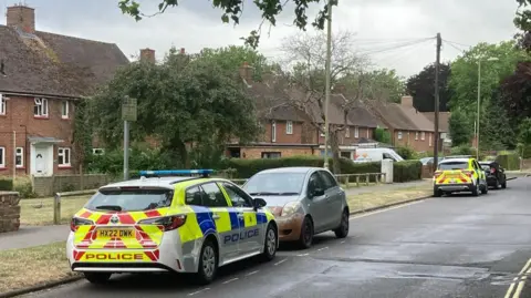 Two police cars are parked in Queen Mary Avenue, a road with semi-detached, two-storey, brick houses with steeply pitched roofs. 