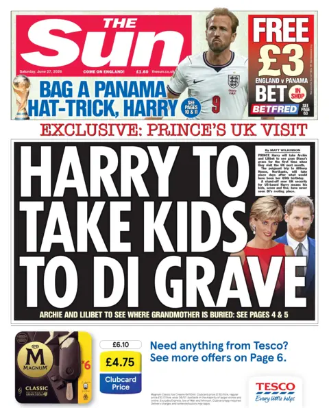 The headline on the front page of the Sun reads: "Harry to take kids to Di grave."