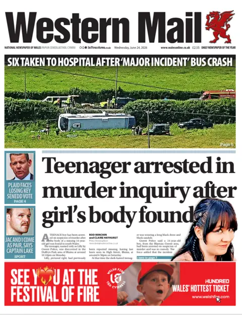 Western Mail Front page of the Western Mail. The main headline reads: Teenager arrested in murder inquiry after girl's body found. Other headlines read: Six taken to hospital after 'major incident' bus crash, and Plaid faces losing key Senedd vote. 